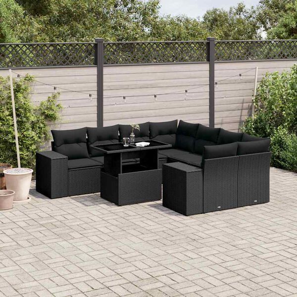 vidaXL 9 pcs conjunto de sof&aacute;s p/ jardim c/ almofad&otilde;es vime PE preto