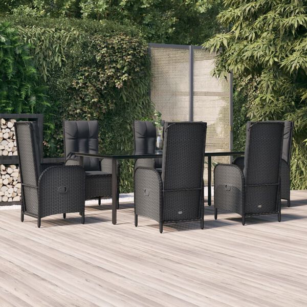 vidaXL 7 pcs conjunto de jantar p/ jardim c/ almofad&otilde;es vime PE preto