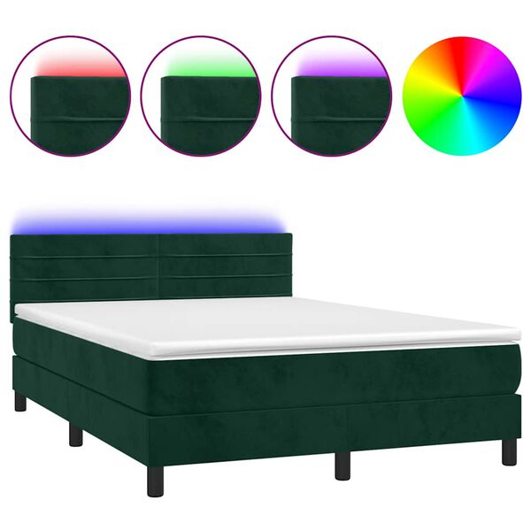 vidaXL Cama box spring c/ colch&atilde;o/LED 140x190 cm veludo verde-escuro