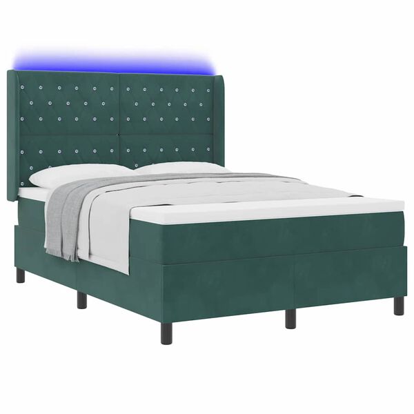 vidaXL Cama Box Spring com LED e Colch&atilde;o Verde 140 x 190 cm Veludo