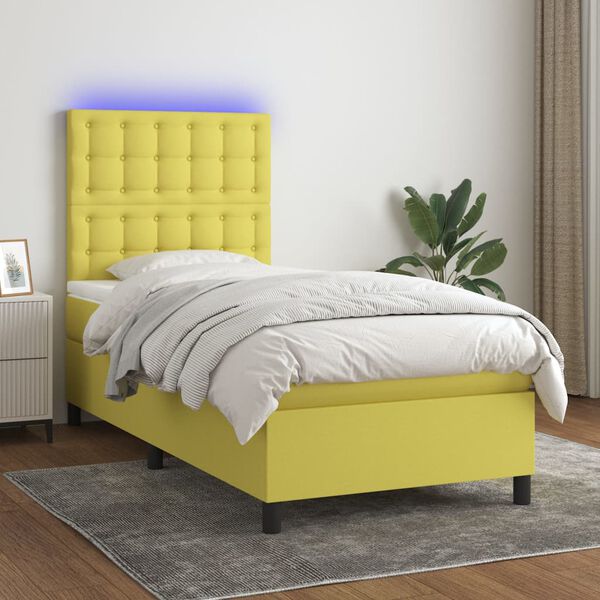 vidaXL Cama box spring c/ colch&atilde;o e LED 100x200 cm tecido verde