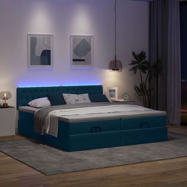 vidaXL Cama otomana com colch&otilde;es/LEDs 200x200 cm veludo azul-escuro