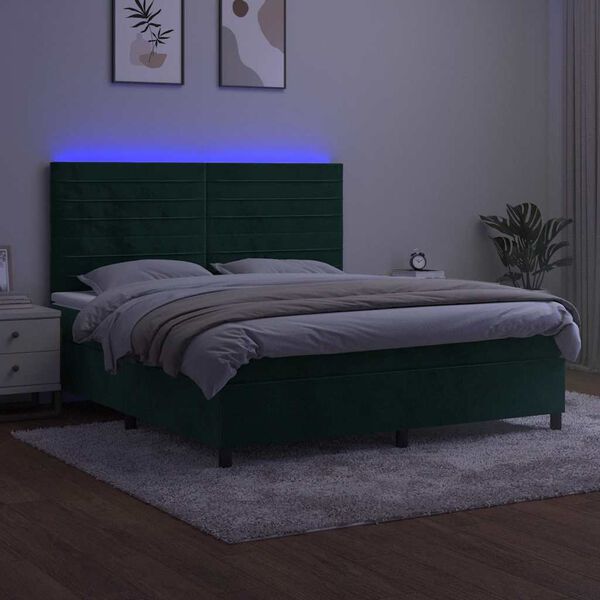 vidaXL Cama box spring c/ colch&atilde;o/LED 160x200 cm veludo verde-escuro