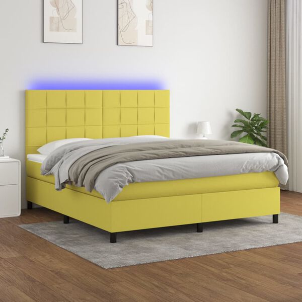 vidaXL Cama box spring c/ colch&atilde;o e LED 180x200 cm tecido verde
