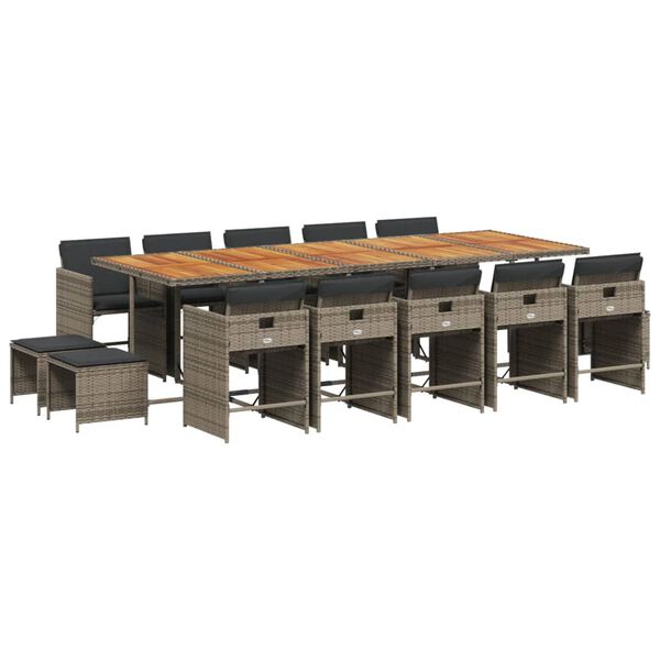 vidaXL 15 pcs conjunto jantar p/ jardim c/ almofad&otilde;es vime PE cinzento