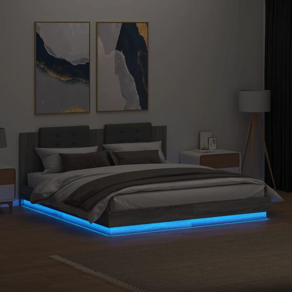 vidaXL Estrutura de cama c/ cabeceira/luzes LED 160x200cm cinza sonoma