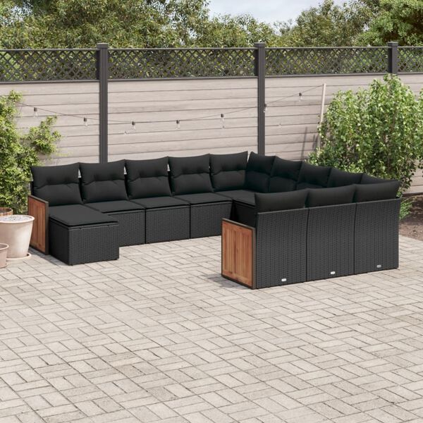 vidaXL 12 pcs conjunto de sofás de jardim c/ almofadões vime PE preto