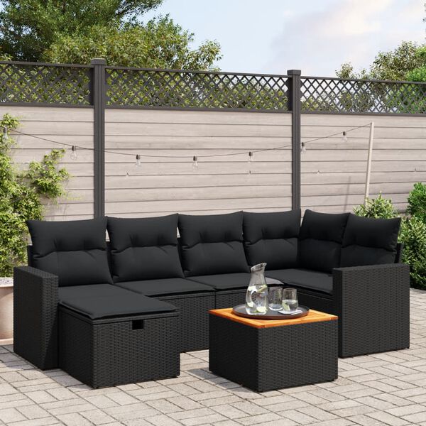 vidaXL 7 pcs conjunto de sof&aacute;s p/ jardim c/ almofad&otilde;es vime PE preto