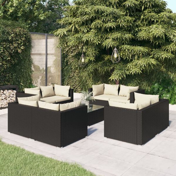 vidaXL 9 pcs conjunto lounge de jardim c/ almofad&otilde;es vime PE preto