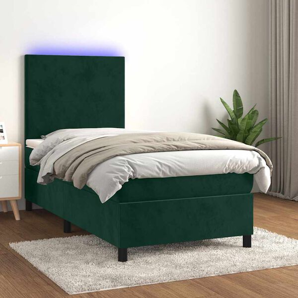 vidaXL Cama box spring c/ colch&atilde;o/LED 90x190 cm veludo verde-escuro