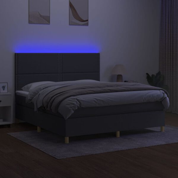vidaXL Cama box spring c/ colch&atilde;o e LED 180x200 cm tecido cinza-escuro