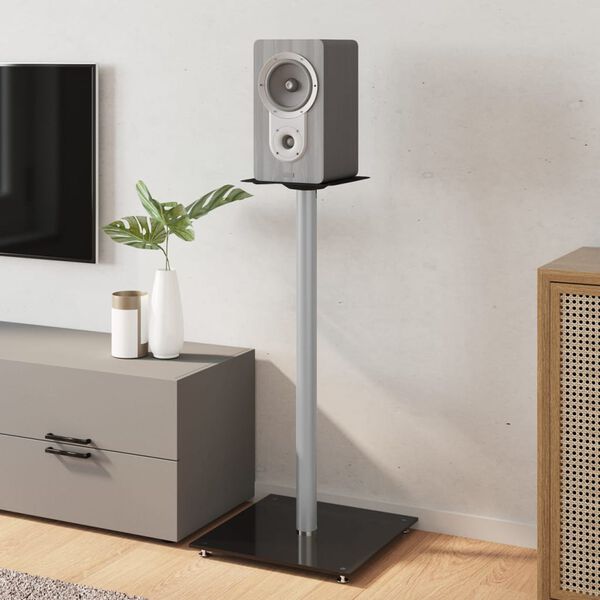 vidaXL Suportes colunas 2 pcs vidro temperado 1 pilar preto/prateado