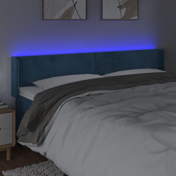 vidaXL Cabeceira cama c/ luzes LED veludo 163x16x78/88 cm azul-escuro