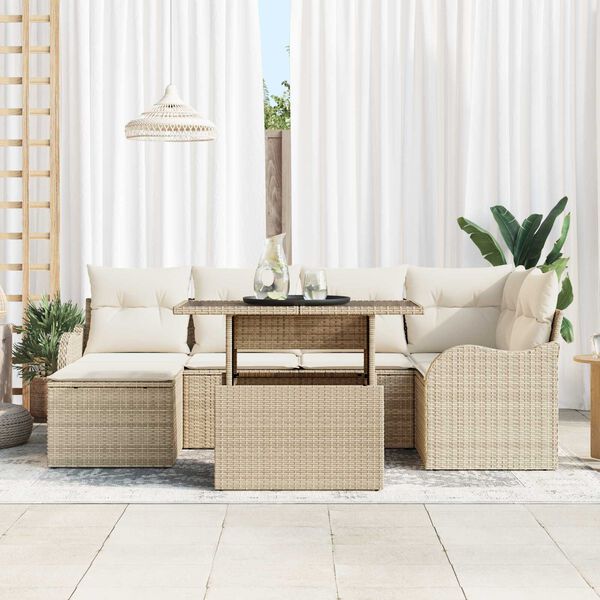 vidaXL Conjunto de Sof&aacute; de Jardim 7 pcs Bege Rattan Sint&eacute;tico