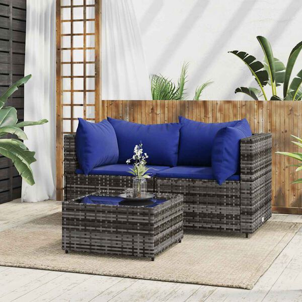vidaXL 3 pcs conjunto lounge de jardim c/ almofadões vime PE cinzento