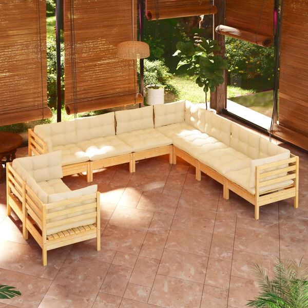 vidaXL 9 pcs conjunto lounge jardim c/ almofad&otilde;es creme pinho maci&ccedil;o