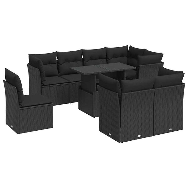 vidaXL 9 pcs conjunto de sof&aacute;s p/ jardim c/ almofad&otilde;es vime PE preto