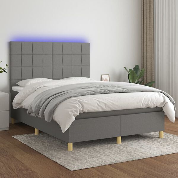 vidaXL Cama box spring c/ colch&atilde;o e LED 140x200 cm tecido cinza-escuro