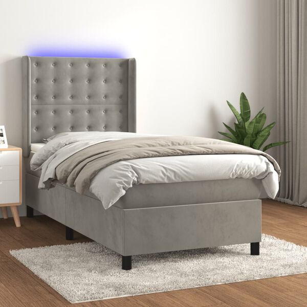 vidaXL Cama box spring c/ colch&atilde;o/LED 90x200 cm veludo cinzento-claro