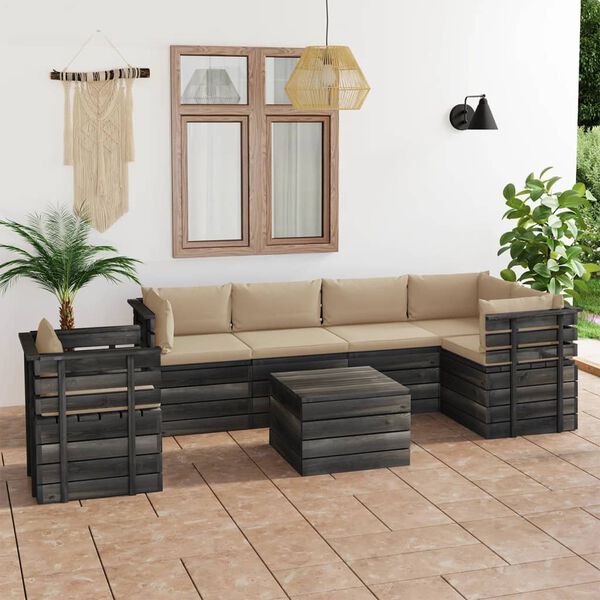 vidaXL 7 pcs conjunto lounge de paletes com almofad&otilde;es pinho maci&ccedil;o