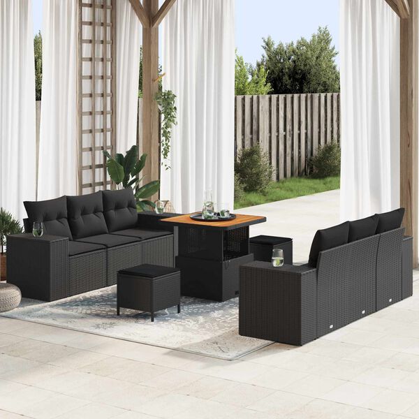 vidaXL Conjunto de Sof&aacute; de Jardim 9 pcs Preto Rattan Sint&eacute;tico