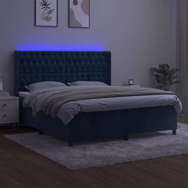 vidaXL Cama box spring c/ colch&atilde;o/LED 180x200 cm veludo azul-escuro