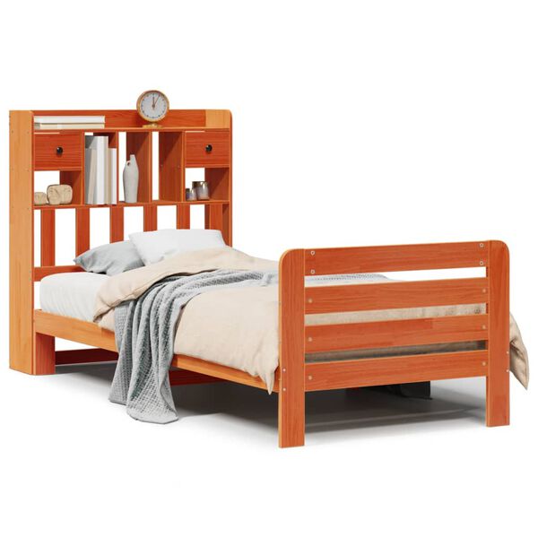 vidaXL Cama com estante sem colchão 75x190cm pinho maciço castanho-mel