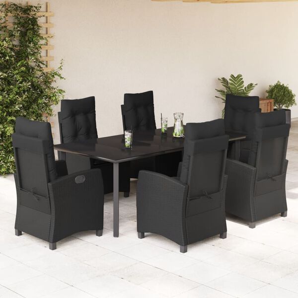vidaXL 7 pcs conjunto de jantar p/ jardim c/ almofad&otilde;es vime PE preto