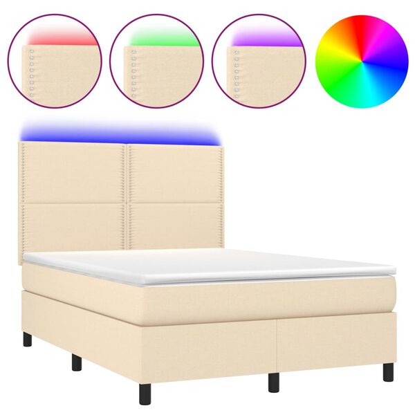 vidaXL Cama box spring c/ colch&atilde;o e LED 140x200 cm tecido cor creme