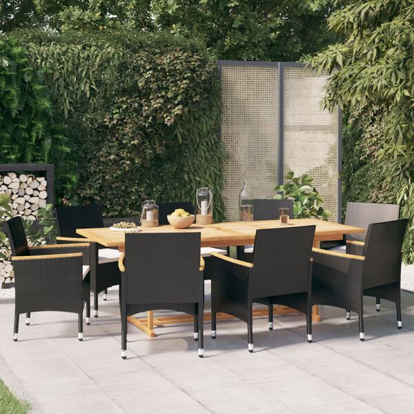 vidaXL Conjunto de jantar para jardim com almofadões 9 pcs preto