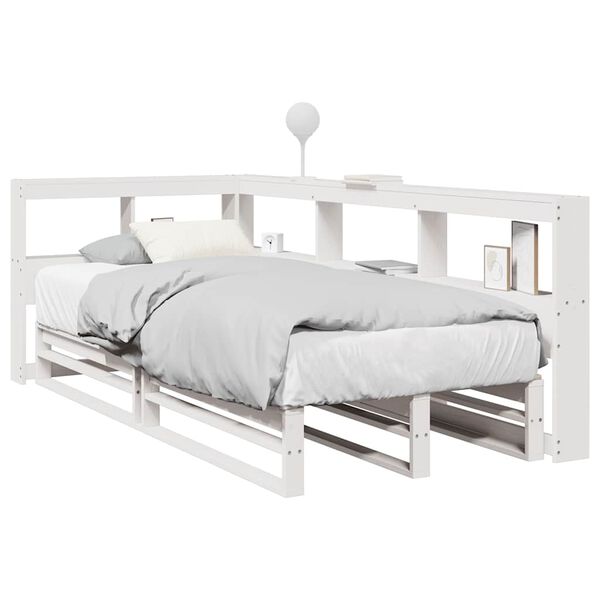 vidaXL Cama com estante sem colch&atilde;o 75x190 cm pinho maci&ccedil;o branco