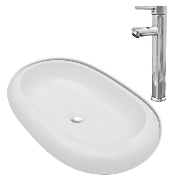 vidaXL Lavatório com torneira misturadora cerâmica oval branco