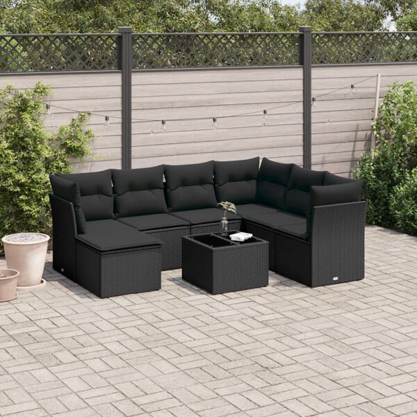 vidaXL 8 pcs conjunto sof&aacute;s de jardim com almofad&otilde;es vime PE preto