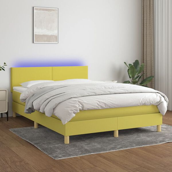 vidaXL Cama box spring c/ colch&atilde;o e LED 140x200 cm tecido verde