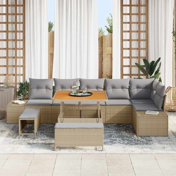 vidaXL Conjunto de Sof&aacute; de Jardim 9 pcs Bege Rattan Sint&eacute;tico