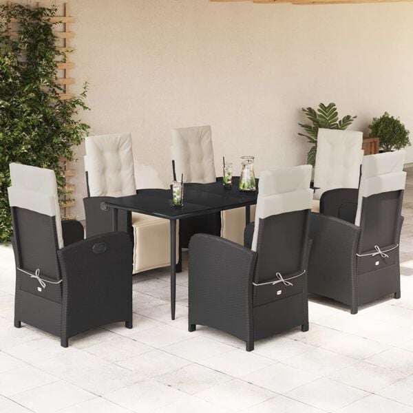 vidaXL 7 pcs conjunto de jantar p/ jardim c/ almofad&otilde;es vime PE preto