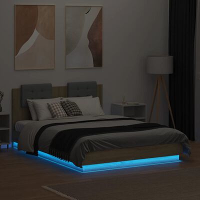 vidaXL Estrutura cama c/ cabeceira/luzes LED 140x190cm carvalho sonoma
