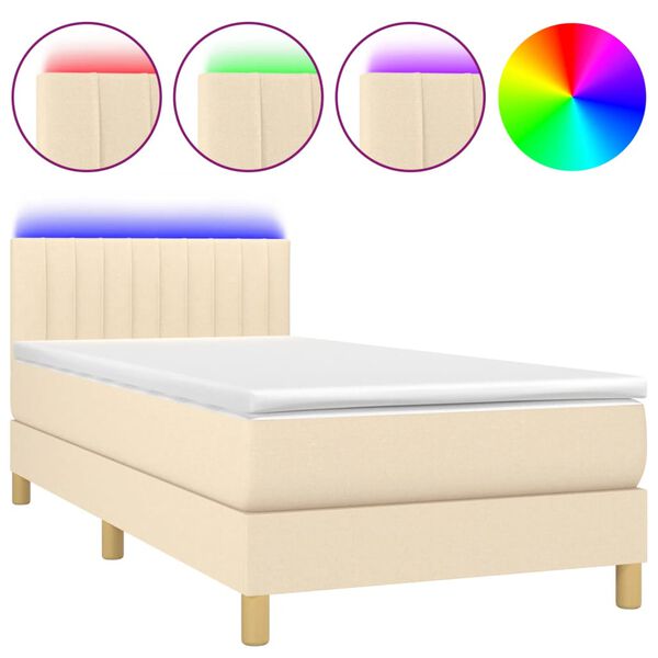 vidaXL Cama box spring c/ colch&atilde;o e LED 90x190 cm tecido cor creme