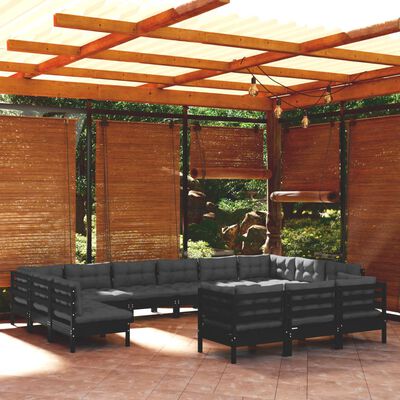 vidaXL 13 pcs conjunto lounge de jardim c/ almofadões pinho preto