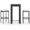vidaXL 3 pcs conjunto bar de jardim com almofad&otilde;es vime PE preto