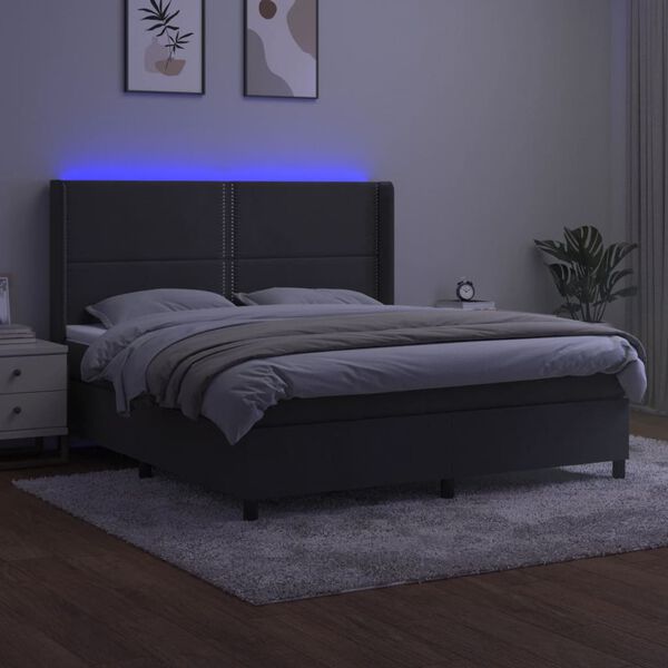 vidaXL Cama box spring c/ colch&atilde;o/LED 180x200cm veludo cinzento-escuro