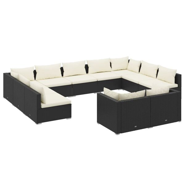 vidaXL 11 pcs conjunto lounge de jardim c/ almofad&otilde;es vime PE preto
