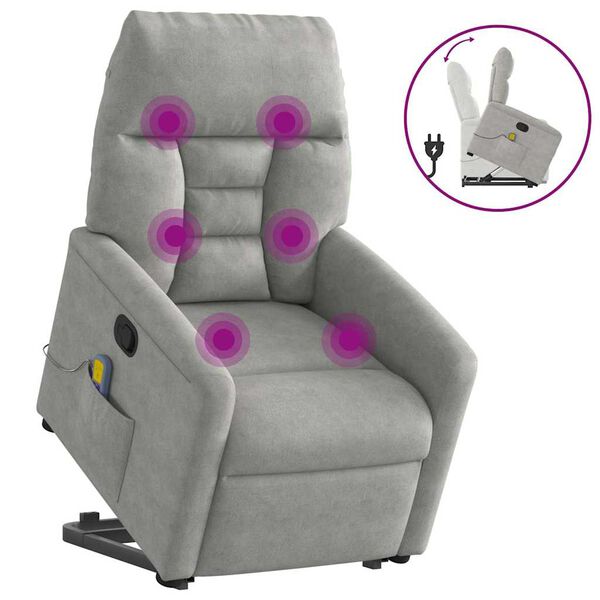 vidaXL Poltrona massagens reclin&aacute;vel elevat&oacute;ria microfibra cinza-claro