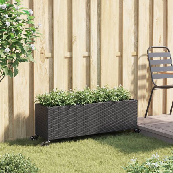 vidaXL Canteiro jardim c/ rodas e 3 vasos 107x32x38cm vime PE preto