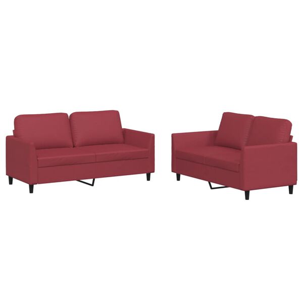 vidaXL 2 pcs conjunto sofás c/ almofadões couro artif. vermelho tinto