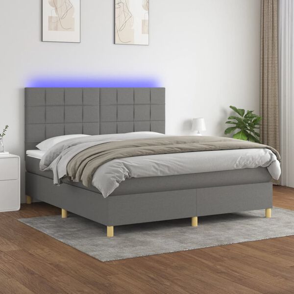 vidaXL Cama box spring c/ colch&atilde;o e LED 180x200 cm tecido cinza-escuro