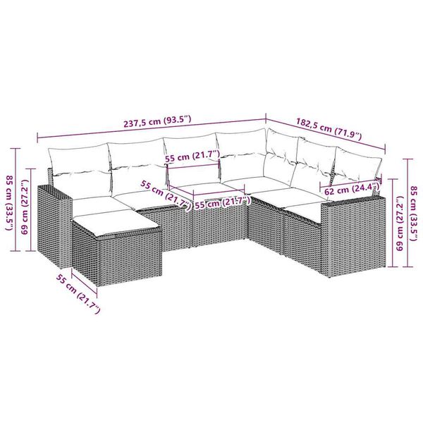 vidaXL 7 pcs conjunto de sof&aacute;s jardim c/ almofad&otilde;es vime PE castanho