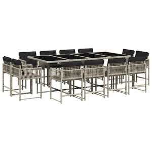 vidaXL 13 pcs conj. jantar jardim c/ almofad&otilde;es vime PE cinzento-claro