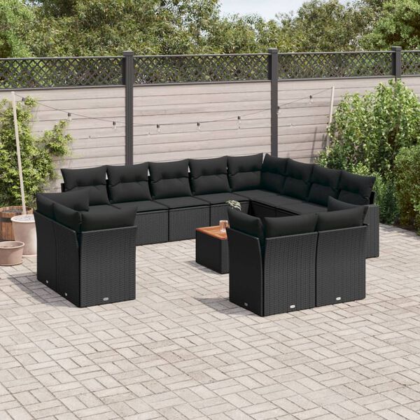 vidaXL 13 pcs conjunto de sof&aacute;s de jardim com almofad&otilde;es vime PE preto