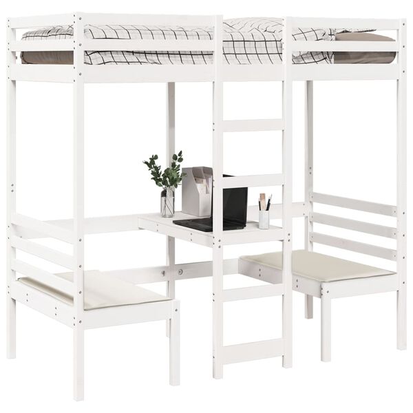 vidaXL Cama alta c/ secretária/cadeiras 90x200 cm pinho maciço branco